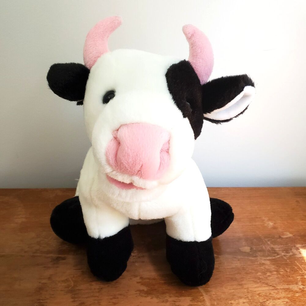 RBI Cow Plush Hand Puppet Black White Pink Stuffed w Sound Moos 10" WORKS